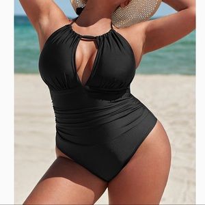 NEW Black Drawstring Ruched Plus Size One Piece Swimsuit Size 0X